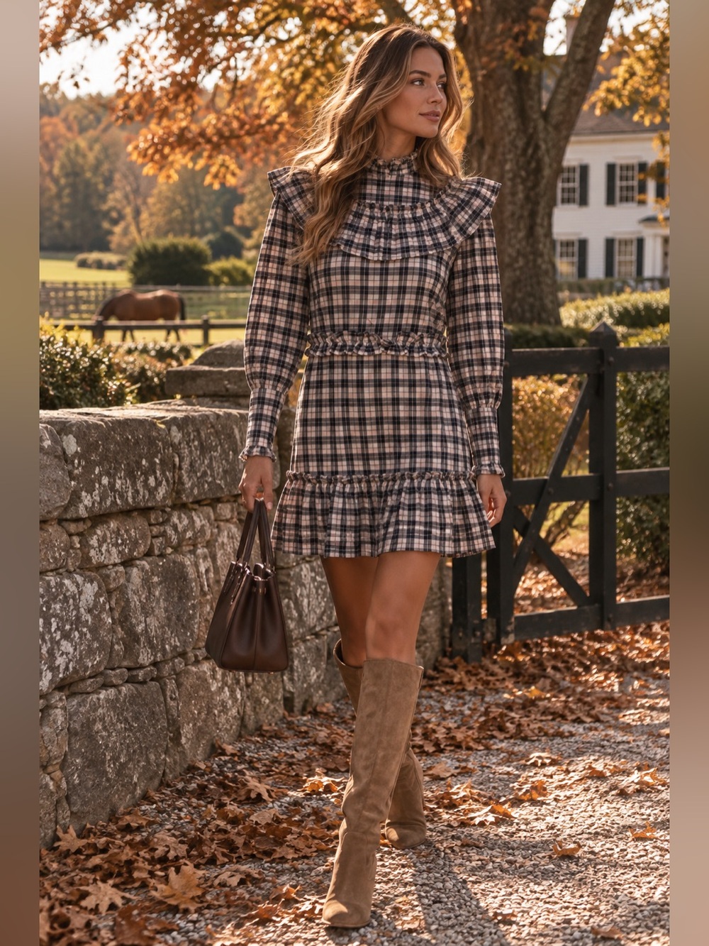 GANNI Black & Pink Plaid Ruffle Mini Dress Size M